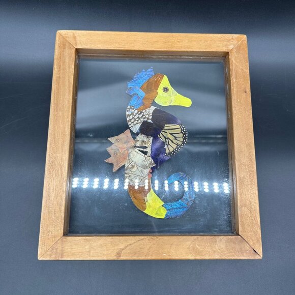 Seahorse Butterfly Wing Art Wooden Frame Belize Nautical Ocean Beach Decor - Picture 2 of 10